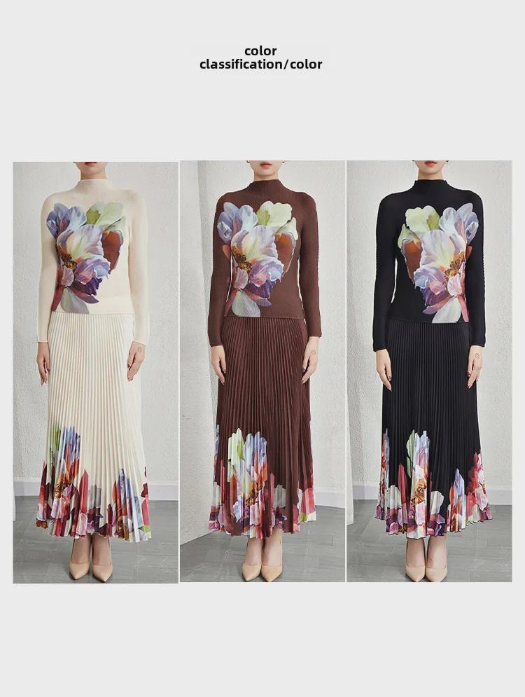 Women's Pleated Floral Two-Piece: Stand Collar Long Sleeve T-Shirt and Skirt