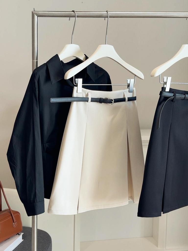 Spring 2026 High-Waisted Gray Pleated Midi Skirt - Elegant, Versatile A-Line Design for Women