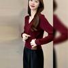 Autumn 2026 Red Women's V-neck Knit Sweater – French Retro Style