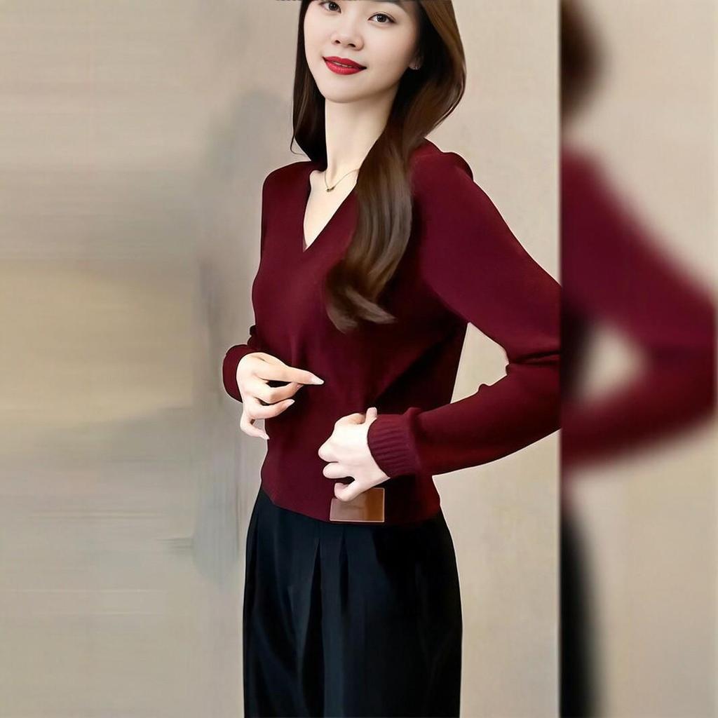 Autumn 2026 Red Women's V-neck Knit Sweater – French Retro Style