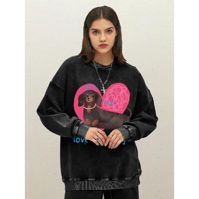 Liebe Mich Wurst Rosa Herz Cartoon Hunde Druck Damen Gewaschenes Sweatshirt Lässig Locker Streetwear Baumwollpullover