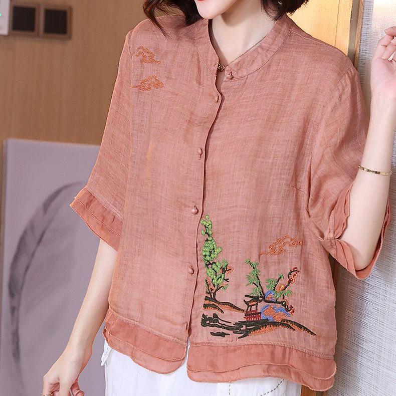 WTEMPO Retro Ramie Embroidery T-shirts Women's Ethnic Style Summer Loose Stand Collar Shirts Casual Chic Elegant Tops