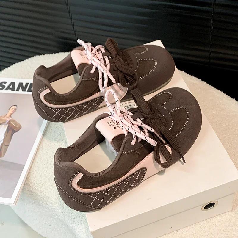 

Модные женские одинарные туфли на толстой подошве, с круглым носком, на шнуровке, с цветной отделкой, модные, очень удобные, нескользящие, дышащие, спортивные, повседневные 40 шоколадный