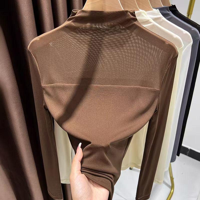 Women's Semi-High Neck Lace Mesh Top - Solid Color, Early Autumn 2025 Collection.