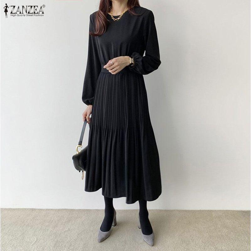 ZANZEA Abito casual da donna a maniche lunghe con scollo tondo tinta unita