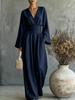 2026 Women's Solid Color V-Neck Waist Jumpsuit Long Sleeve High Waist Skinny Wide Leg Pants Vacation Set