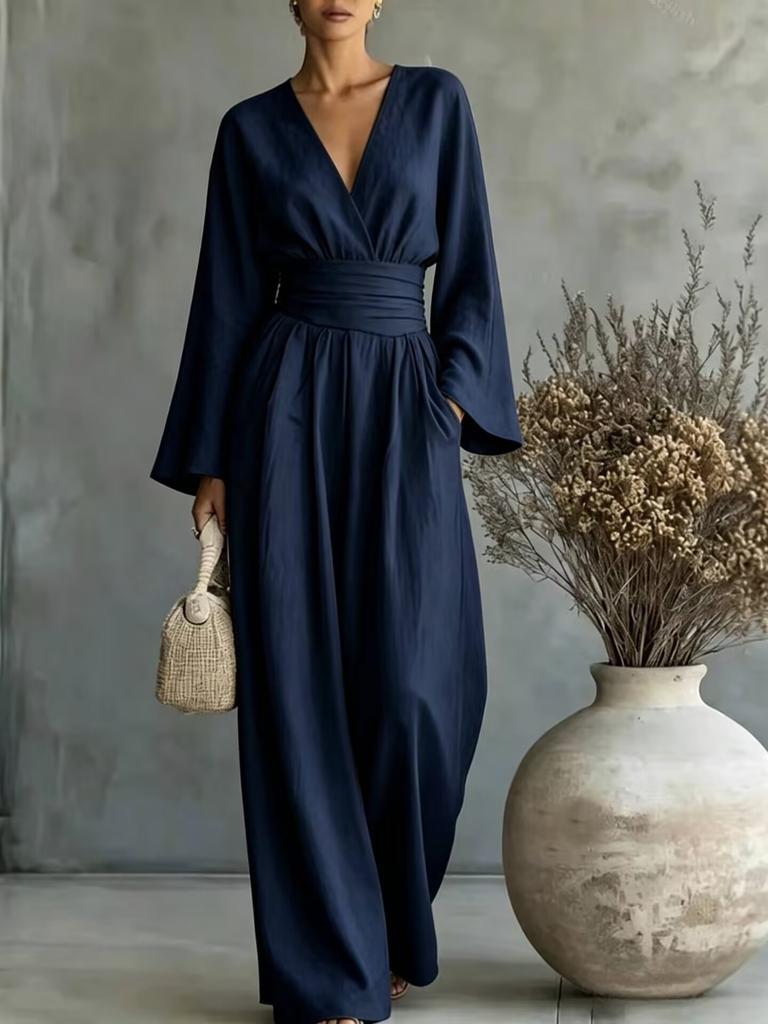 2026 Women's Solid Color V-Neck Waist Jumpsuit Long Sleeve High Waist Skinny Wide Leg Pants Vacation Set