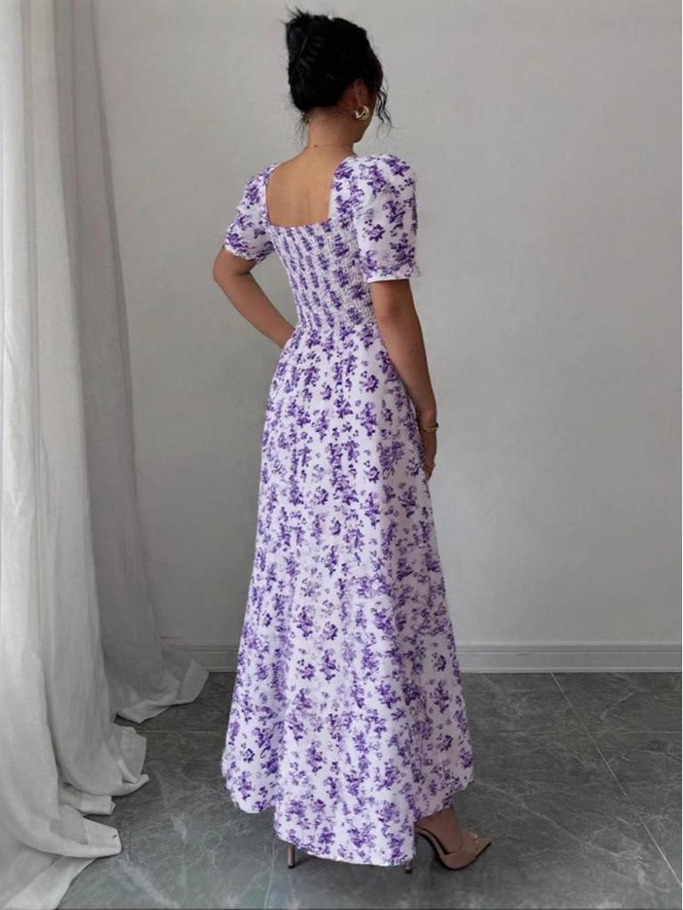 2025 Summer Fashion Women's Printed U-neck Short-sleeved Large Swing Dress