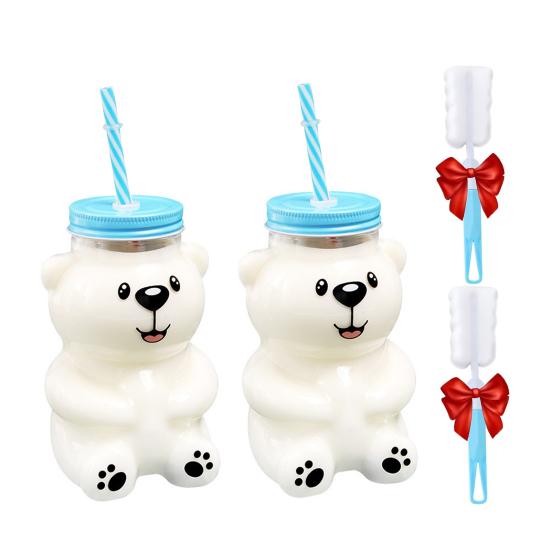 Medvědí skleněný pohár s víčkem a brčkem Opakovaně použitelný medvědí brčkový pohár Roztomilý skleněný tumbler na kávu, pivo, víno, koktejl