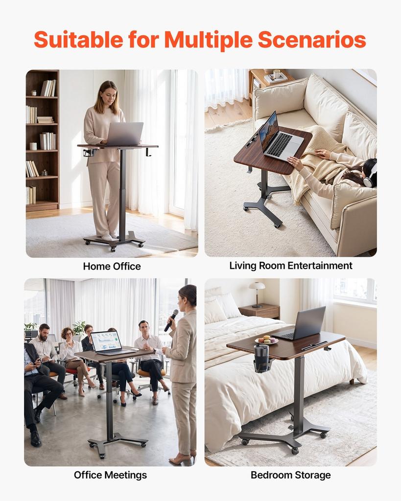 Standing Desk, Adjustable Height Mobile Stand Up Desk w/ Casters, 715 x 520 mm Small Computer Sit Stand Rolling Workstation w/ Hook, 15 kg Capacity,