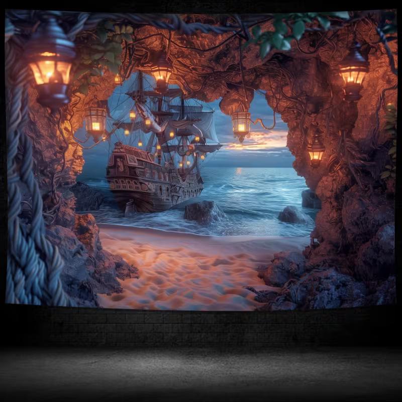2D Pirate Ship Wall Tapestry, Cave View Ocean Adventure Art Wall Hanging for Home Decoration