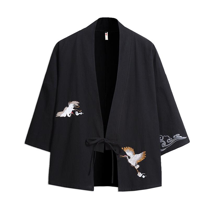 Men's Trendy Crane Embroidered Kimono Cardigan: Spring/Summer Ancient Style Loose-Fit Hanfu Robe