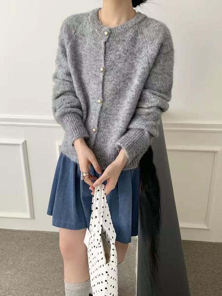 Long-haired Hairy Round Neck Cardigan Women's Early Spring New Korean Single-breasted Shoulder-plugged Long-sleeved Knitted Outer Women