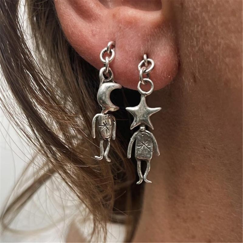 1 Pair Lightweight Moon and Star Cartoon Design Earrings Bohemian Style Fashion Jewelry Versatile for Casual Formal Outfits