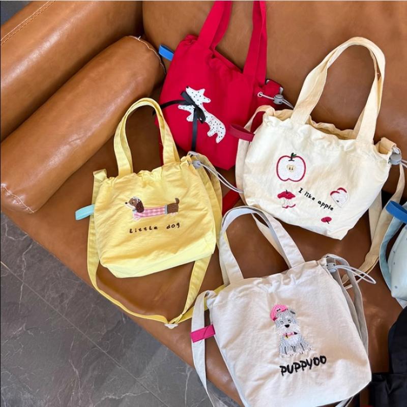 Cute Embroidery Women'S Drawstring Shoulder Bag Cartoon College Girls Book Tote Shopping Bags Large Capacity Female Handbags