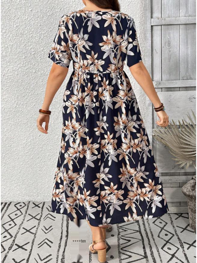 Elegant Plus Size Summer Dress - Women's Round Neck Print Short Sleeve Fashion 2026