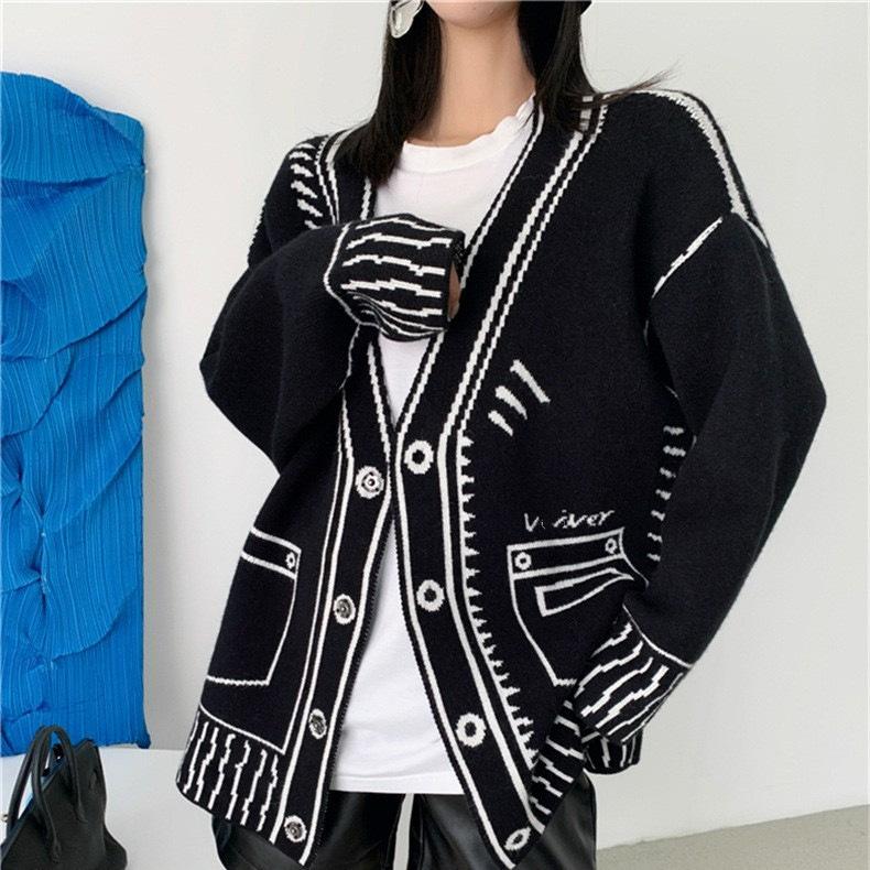 Women Unique Long Sleeve Graffiti Print Sweater Cardigan Autumn Winter V-neck Knitted Cardigans Female Y2k Loose Lazy Knit Coat