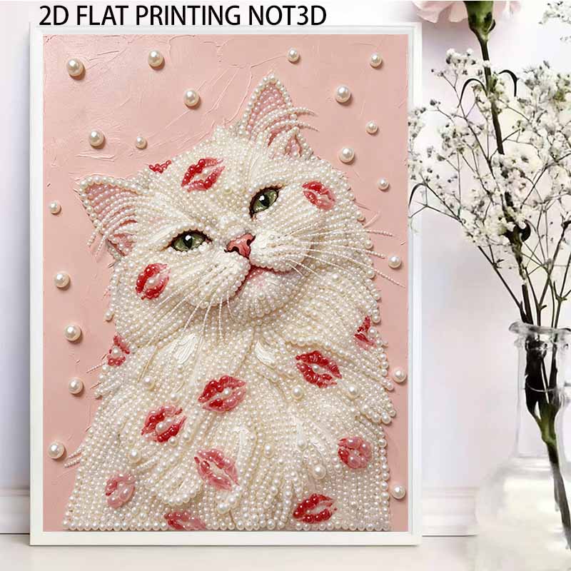 Easy DIY Framed Pearl Bead Painting Kit with Romantic Kiss Lips White Cat 3D Sparkling Canvas Art for Home Decoration Gift Idea