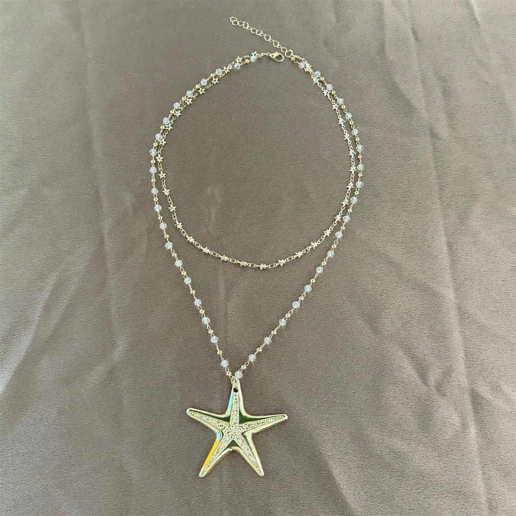 Double Layer Exaggerated Metal Big Starfish Pendant Necklace for Women Gothic Punk Crystal Beads Star Choker Y2K Party Jewelry