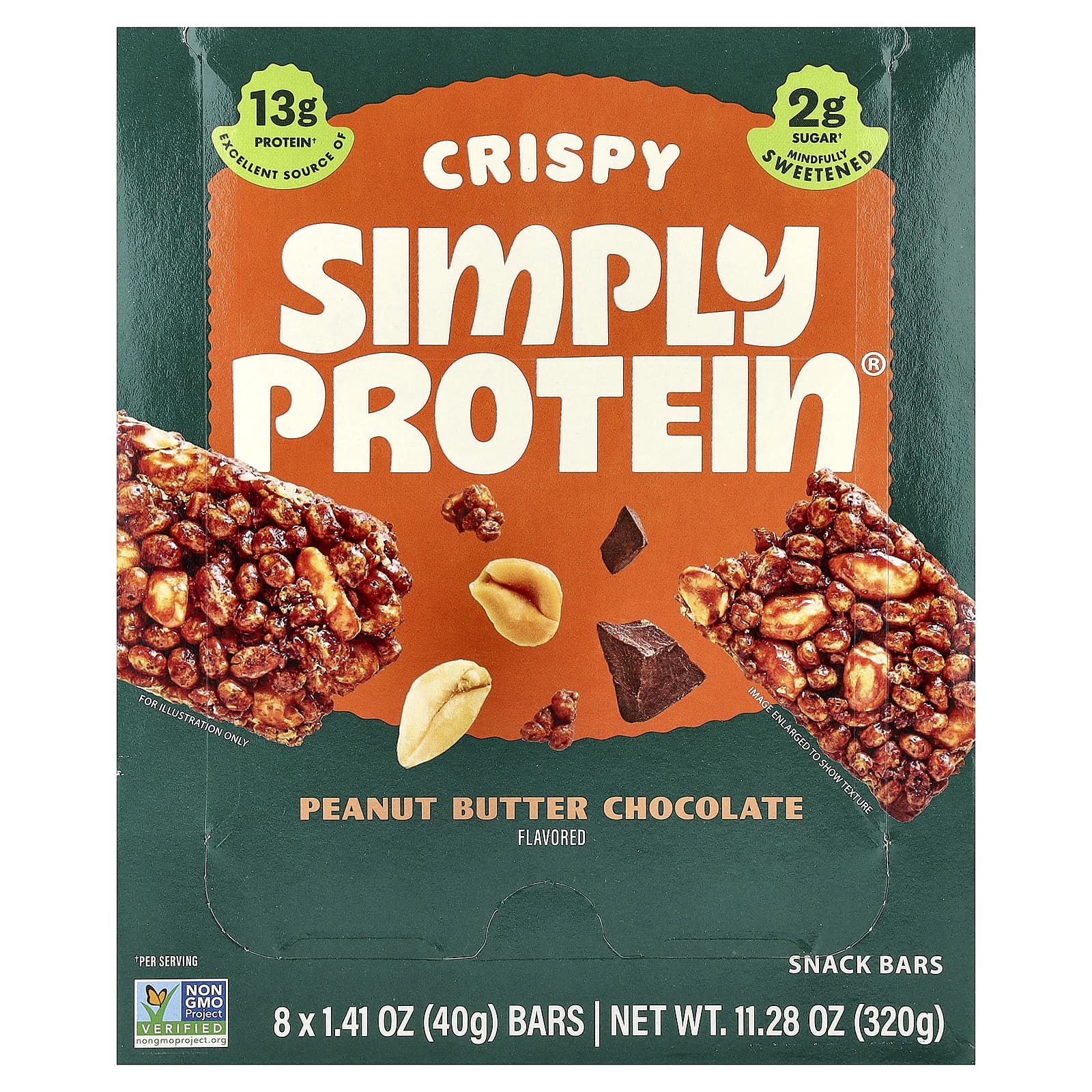 

Simply Protein, Krispy Snack Bars, Peanut Butter Chocolate, 8 Bars, 40g (1.41oz) Each