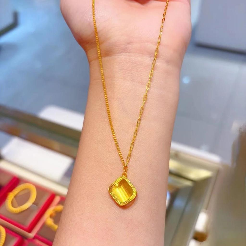 Zhou Family Small Yellow Sugar Cube Necklace with Gold Brushed Finish On Square Link Chain and Imitation Vietnamese Sand Gold Pendant