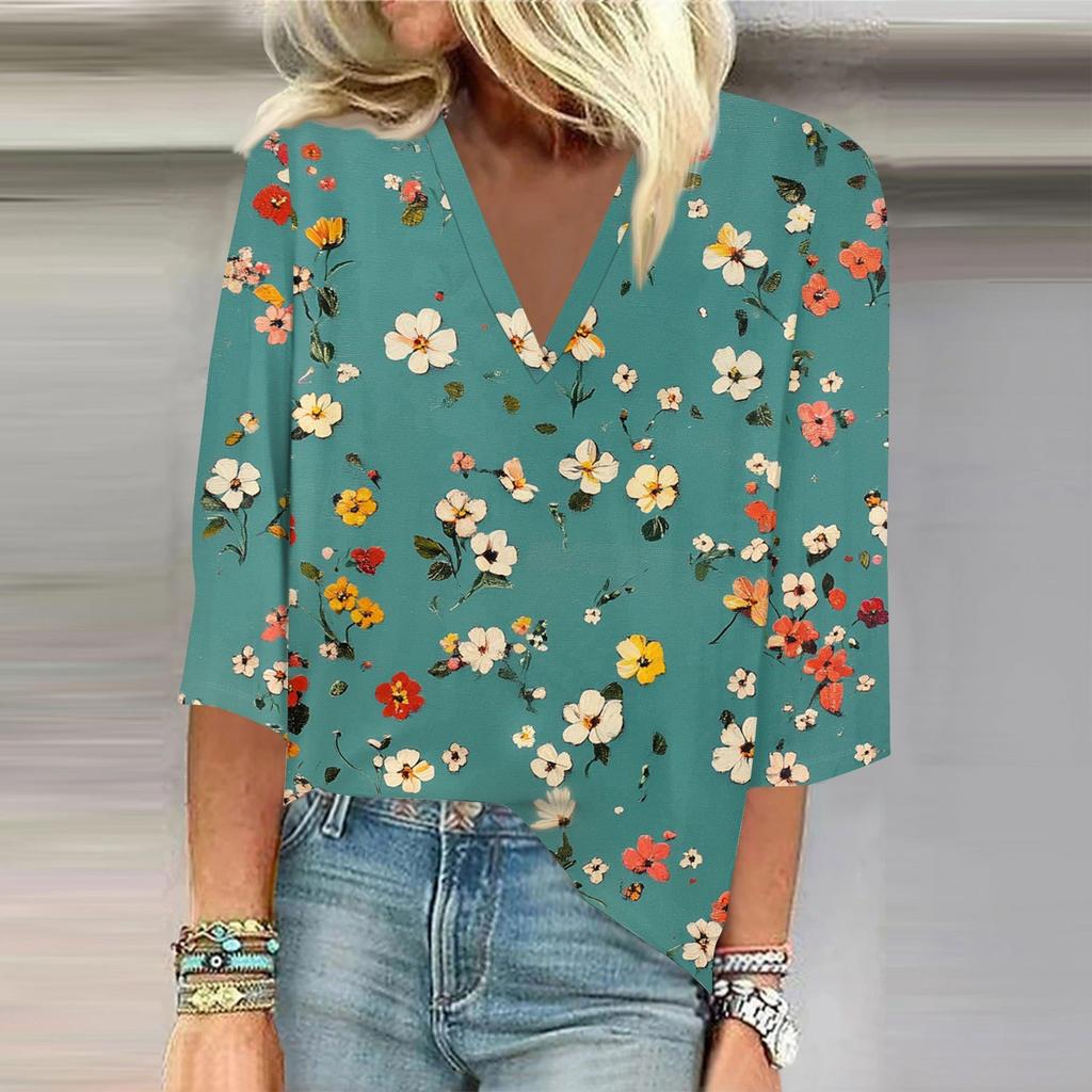 Women's Shirt Blouse Casual Loose Shirts 3/4 Sleeve Print V Neck Tops Print Tops T-shirts Tee