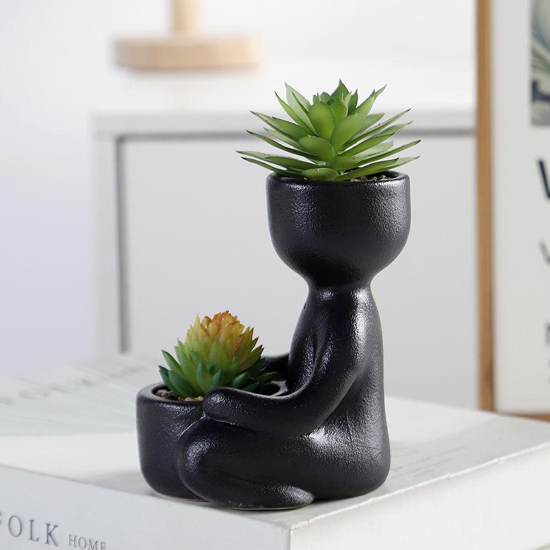 Nordisk Suckulent Keramik Liten Blomkruka Kontorsskrivbord Söt Dekoration Imitation Karaktär Grön Växt Krukväxt Vas Blomkruka