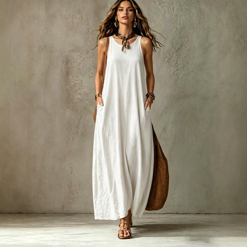Women's Sleeveless Halter Neck Maxi Dress Loose Fit Solid Casual Long Dress