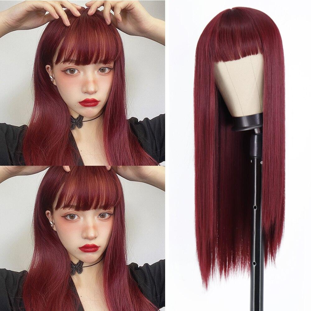 

MISSQUEEN длинный прямой черный парик с челкой, парики из синтетических волос, челка с париком для женщин, винно-красный, золотой, термостойкие парики