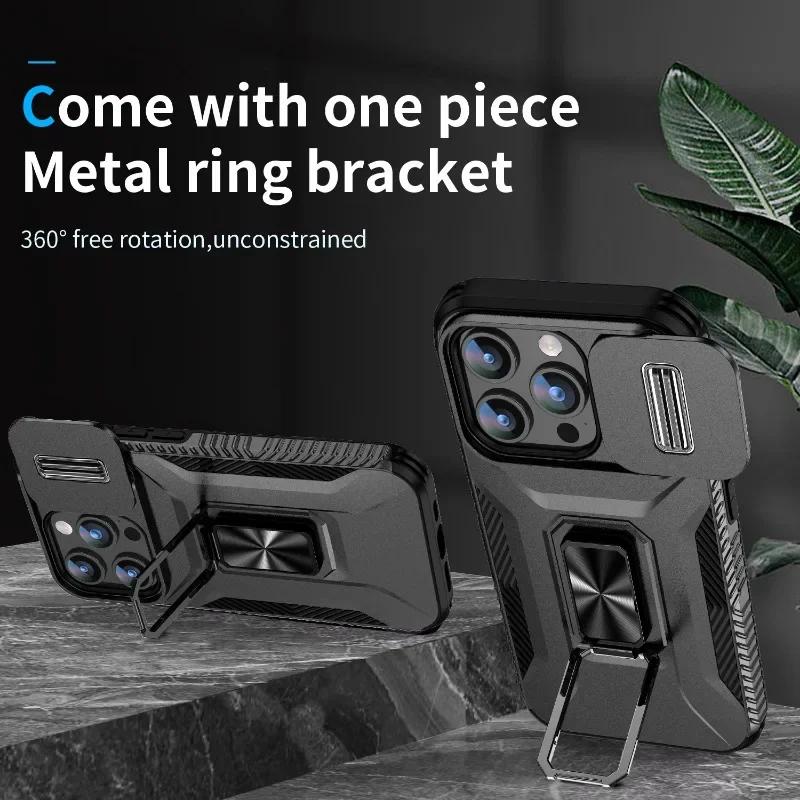Military-grade Anti-fall and Anti-slip Camera Lens Slide Out Phone Case For iPhone 16 15 14 13 12 Pro Max Hardware Rotary Stand