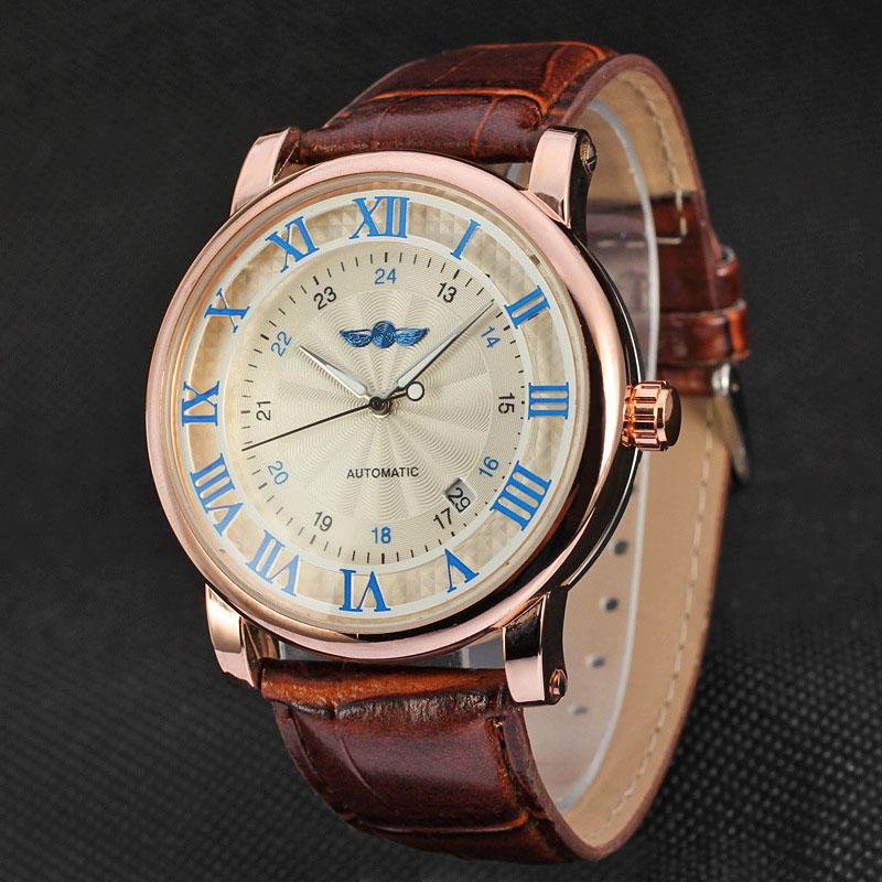 Relogio Relojes New Fashion Rose Gold Watches Day Date Automatic Self Wind Leather Strap Men's Watches Mechanical Watches