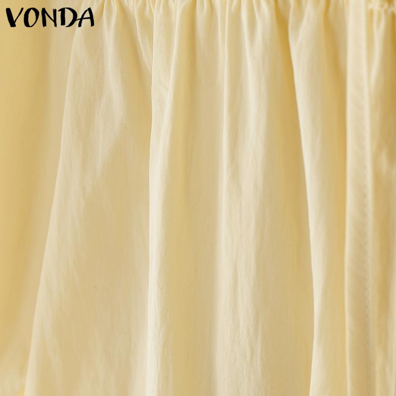 VONDA Women Ruffled Lace-up Neck Short Sleeve Casual Long Blouse