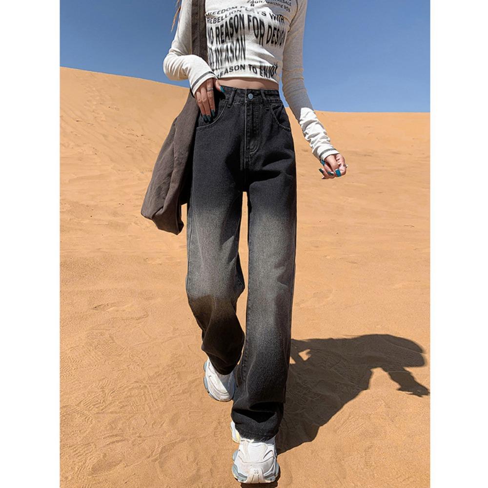 

Простые широкие джинсы для通勤, женские модели весна-осень, новые джинсы прямого кроя с высокой посадкой, свободные, в американском стиле, с постепенным изменением цвета 2XL