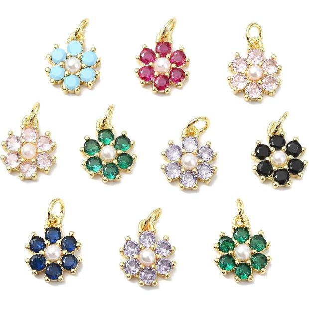 Stiesy 10 Pcs Mix Random 18K Gold Plated Mini Flower Shape Charms Brass Micro Pave Colorful Cubic Zirconia CZ Stone Dangle Charms with Pearl for