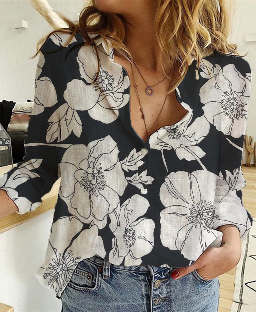 2023 European & American Women's Casual Loose Long Sleeve Cotton Linen Shirt - Solid Color