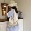With Lace Ribbon Solid Color Woven Bag Tote Bag Hollow Shoulder Bag Cute Flower Beach Bag  Girls