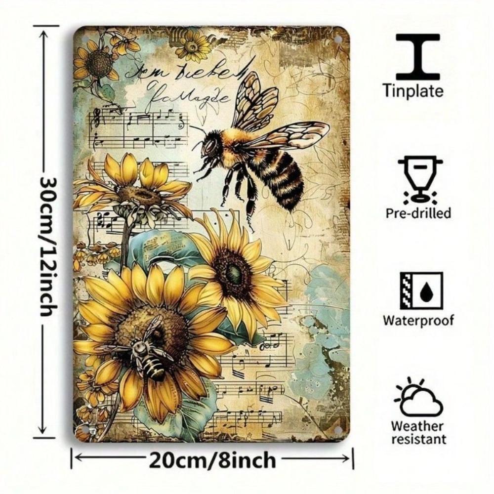 Vintage Bee Sunflower Musical Metal Sign Waterproof Garden Decor Wall Art
