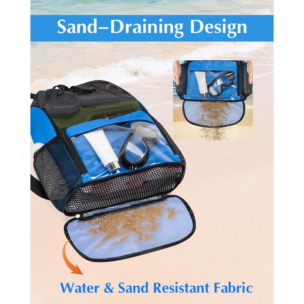 Drawstring Backpack Sand-proof Beach Backpack with Shoe Compartment and Wet Pocket Waterproof Mesh Beach Bag