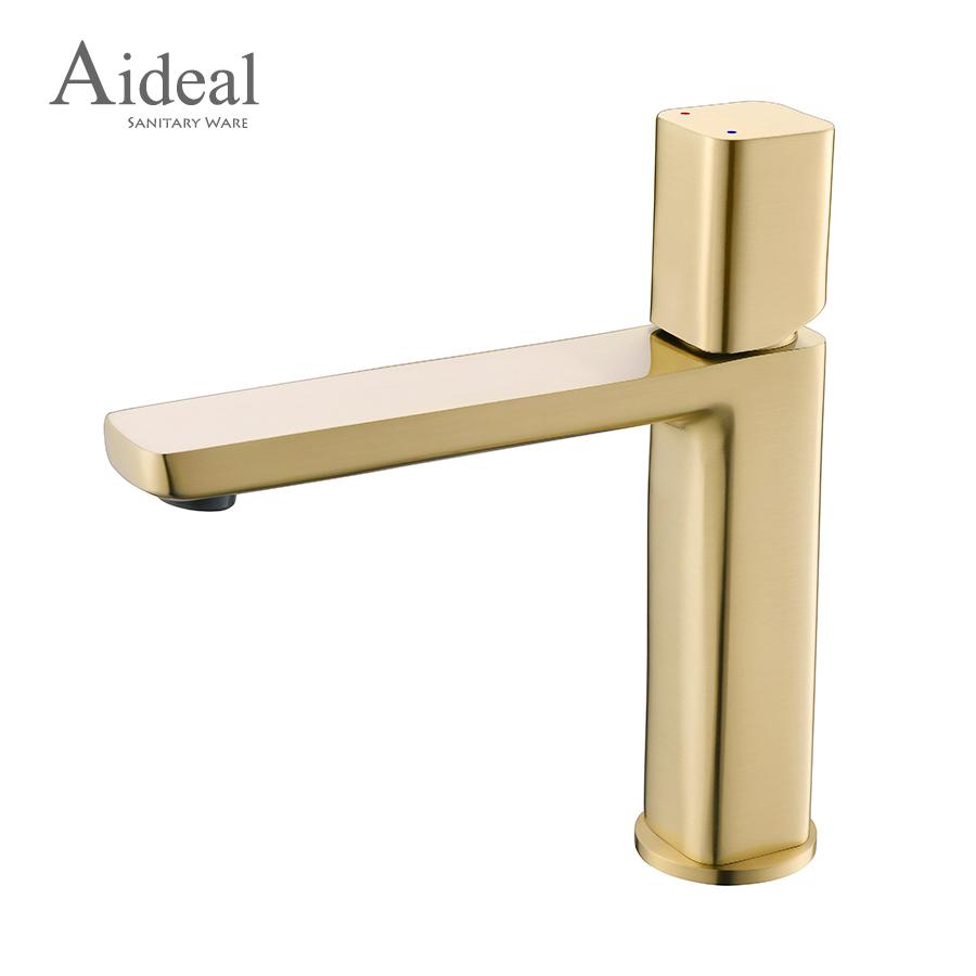 Contemporary Square Deck Mounted Basin Mixer Tap PVD Brushed Gold Finish Solid Brass Construction for Luxury Hotel Bathroom (as the picture,Brass)