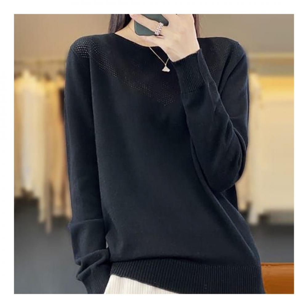 Navava Women Simple Daily Punching Round Neck Long Sleeve KniT T shirT Nk1569