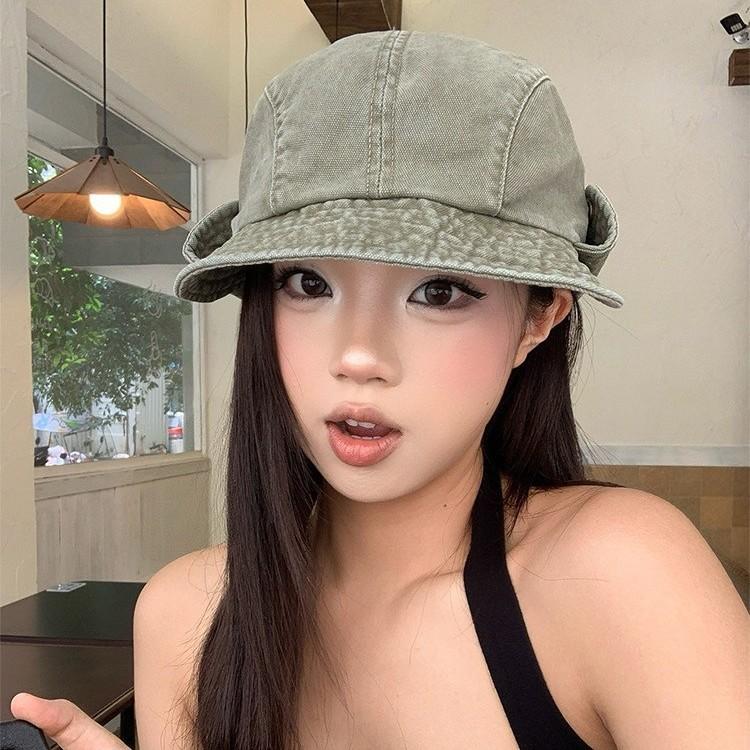 Washed denim tooling bucket hat women's summer new fashion retro small face big head circumference newsboy beret