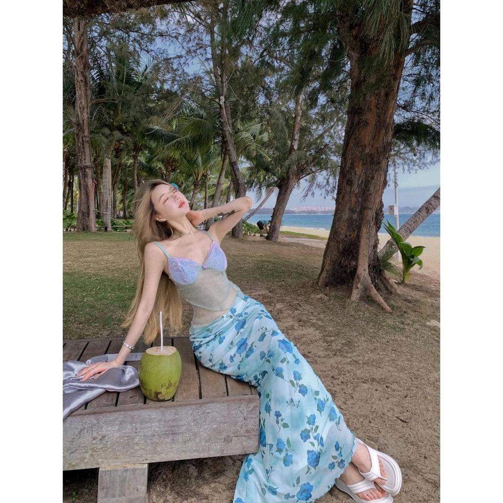 Mesh Patchwork Pure Desire 2025: Women's High-Waisted Floral Slimming Long Skirt for Summer Vacation Style