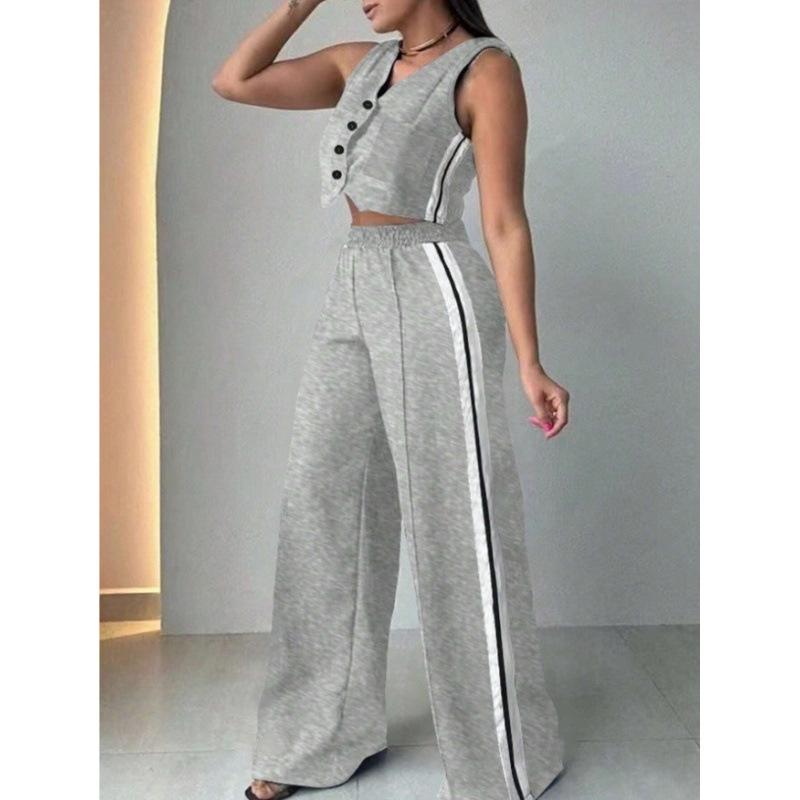 Women's Loose Fit Two Piece Set Sleeveless Crop Top Elastic Waist Wide Leg Pants Tracksuit