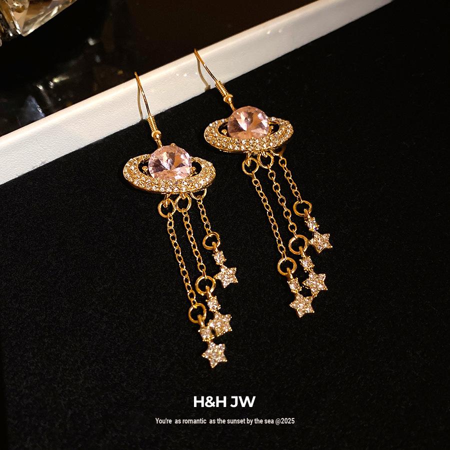Diamond-set star fringed ear hook women's retro court style fashion earrings light luxury high-end earrings design sense niche