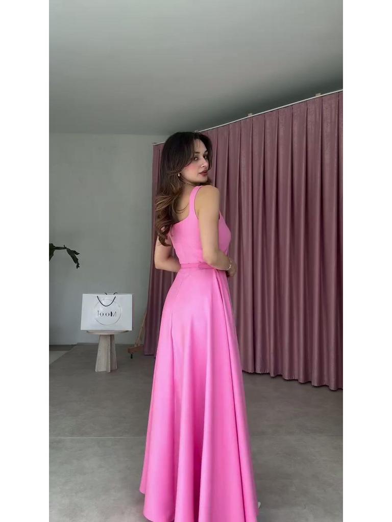 2026 Summer European & American Sleeveless French Low-Cut Belted Long Dress for Women