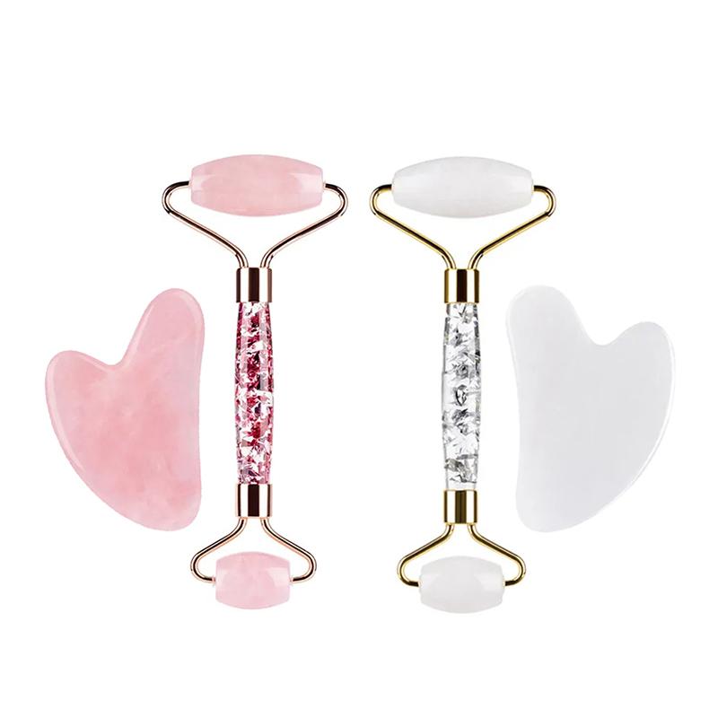 Natural Jade Stone Roller Massager Rose Quartz White Jade Face Roller Gouache Guasha Scraper Set Facial Lifting Massage Tools