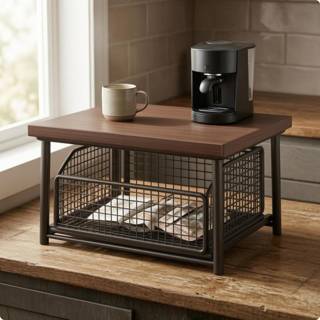 Countertop Organizer with Wire Basket Pull-out Coffee Station Compact
