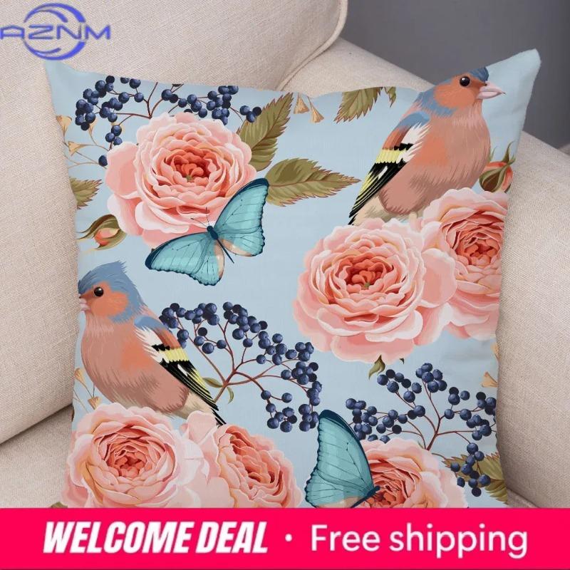 Nordic Style Rose Flower And Birds Pillow Case Cushion Cover For Car Sofa Super Soft Plush Decor Flower Plant Animal Pillowcase