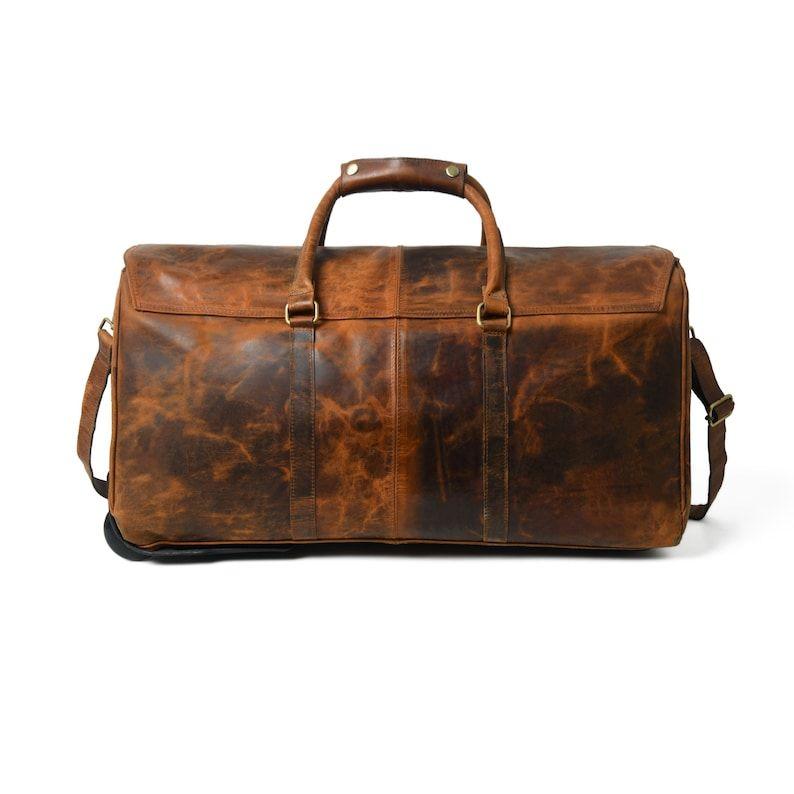 Leather Duffle Bag On Wheels Personalised Travel Weekender Trolley Bag Brown Holdall Leather Overnight Bag Handcrafted Leather Gifts For Him