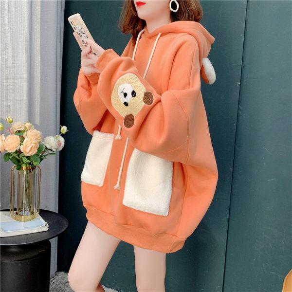Design Sense Korean Version of Hooded Bear Plus Velvet Sweatshirt for Women In Autumn and Winter New Loose Lazy Style Age-reducing Jacket